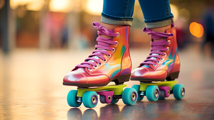 Feet with multicolored 80's roller skates - Powered by Adobe