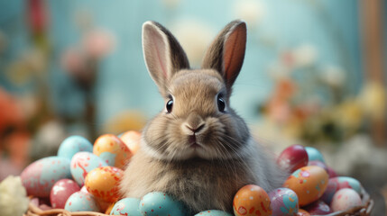 Cute easter bunny rabbit in shopping basket with painted eggs on a blue background.