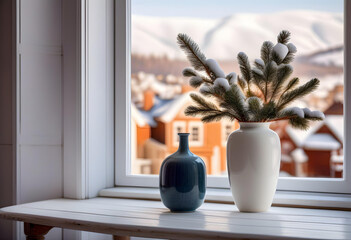 A delicate vase adorns a tall white window, resting on a white wooden table.