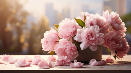 Bouquet of pink peonies with a product podium for product presentation.