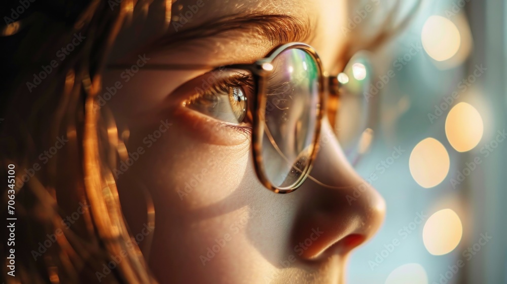 Poster a close-up view of a person wearing glasses. suitable for various professional and academic concepts