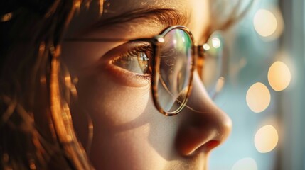 A close-up view of a person wearing glasses. Suitable for various professional and academic concepts