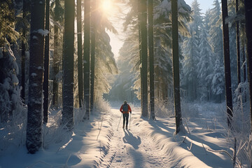A cross-country skier gliding along a serene forest trail, facing an endurance challenge in a peaceful winter journey, surrounded by a scenic and tranquil natural setting - obrazy, fototapety, plakaty