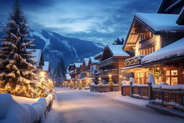A snowy ski village at dusk - with chalets adorned with twinkling lights - creating a quaint and charming atmosphere on a winter evening - capturing the allure of a ski destination.