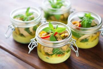 green curry meal prep in glass containers