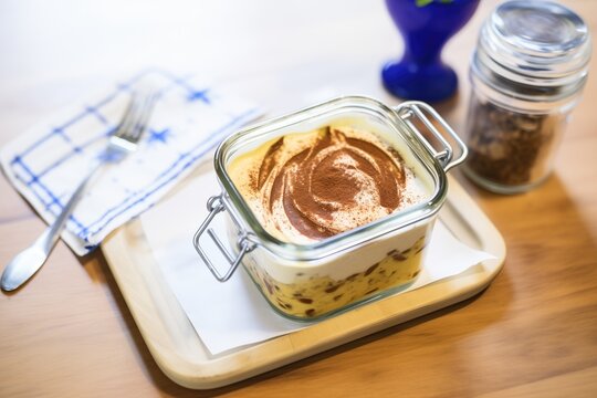 tiramisu in a takeaway container with a clear lid