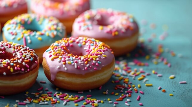 A group of doughnuts with pink frosting and sprinkles.