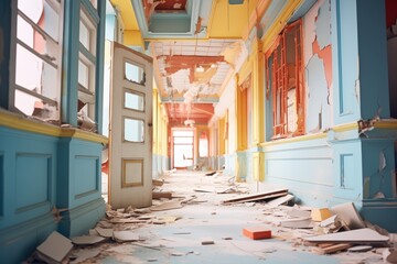 collapsed hallway with peeling paint and debris