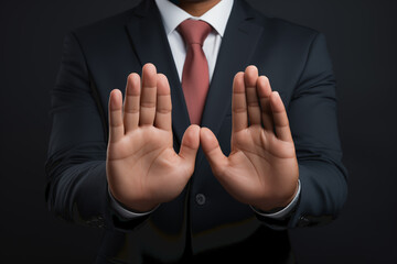 A man dressed in a suit makes the stop gesture with his hands. Concept calm down, relax, stop