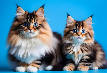 Fluffy kitty looking at camera on blue background, front view