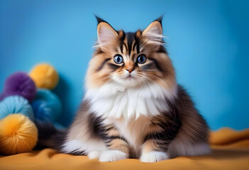 Fluffy kitty looking at camera on blue background, front view