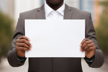 An African-American man dressed in a suit holds a blank sheet of paper with space to put texts.tif