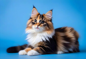 Fluffy kitty looking at camera on blue background, front view