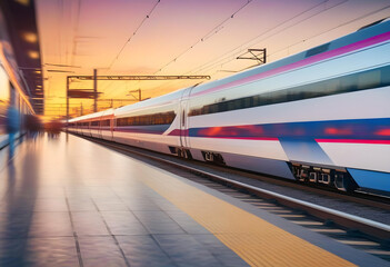 High speed train in motion on the railway station at sunset. - obrazy, fototapety, plakaty