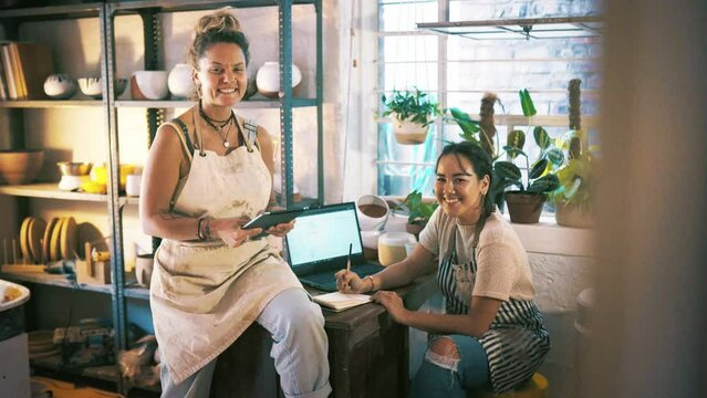 Women, pottery studio and face or entrepreneur business, startup design, creative product or diy ceramic. Female people, tablet and online communication for digital sales, retail or internet store