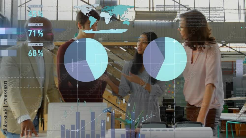 Wall mural Animation of data processing over diverse colleagues discussing work in office