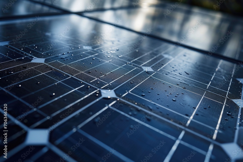 Poster a detailed view of a solar panel covered in water droplets. this image can be used to showcase the e