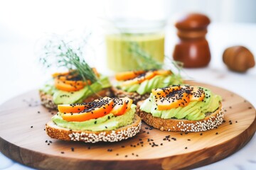 avocado spread on bagel halves with sesame and poppy seeds