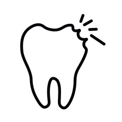 Outline tooth icon. Tooth shape symbol vector icon. Cracked tooth isolated on white background. Dental care. Perfect for logo, various designs. Handdrawn chipped tooth in doodle style. 