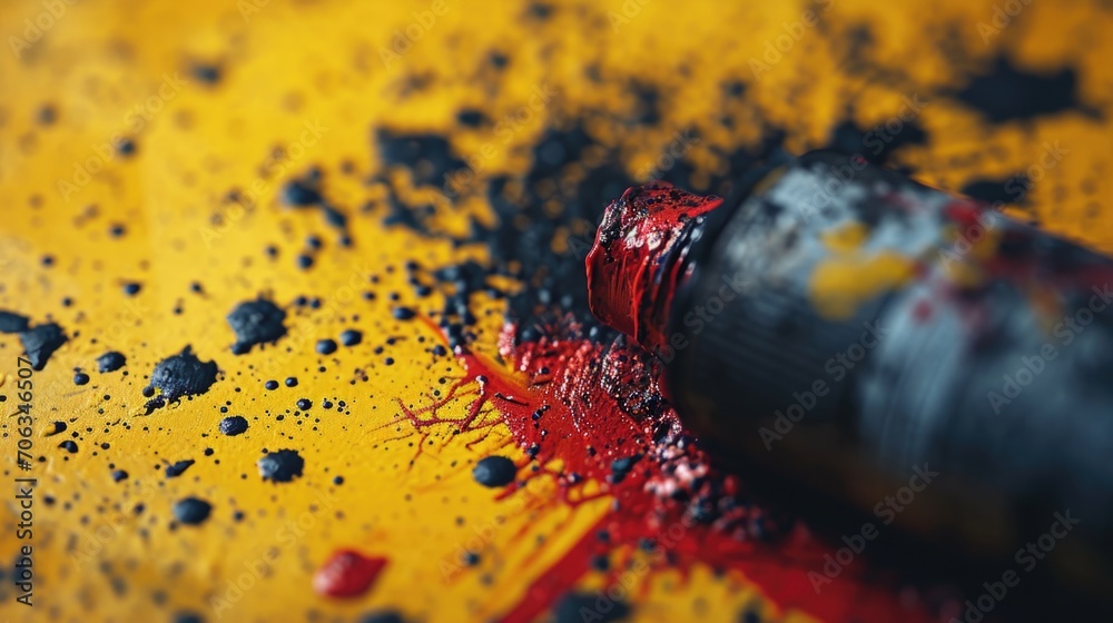 Aufkleber A close-up view of a paintbrush resting on a vibrant yellow surface. This image can be used to represent creativity, artistry, or the process of painting. It is ideal for design projects
