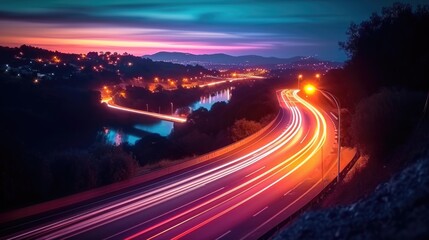 A long exposure photo of a highway at night.