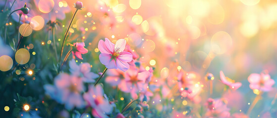 dainty colorful flowers with bokeh glitter glow light soft focus - obrazy, fototapety, plakaty