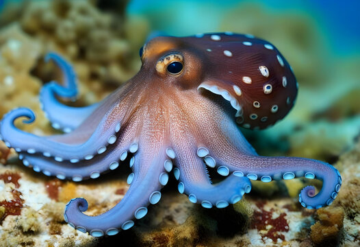 selective image of common octopus wiyh blue background