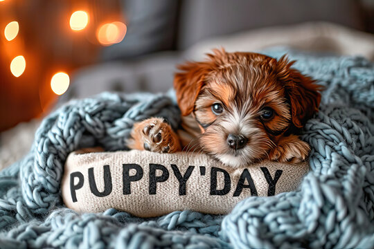 Puppy in his bed on National Puppy Day 2024