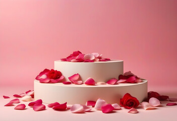 Pink product podium placement on solid background with rose petals falling. L