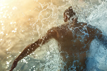 Athletic male figure surrounded by splashes of water with sunlight, concept of strength, freedom, energy, freshness.