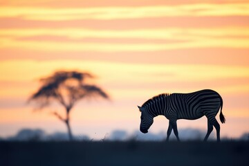 Fototapeta na wymiar silhouette of grazing zebra at twilight