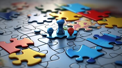 Fototapeta premium Business scene: five puzzle pieces. Each puzzle piece represents a key solution for business growth: communication, innovation, efficiency, teamwork, and data analysis. business strategy concept
