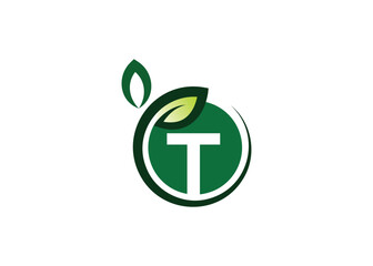 Letter T Green leaf logo design vector template. Letter T Nature Growth Leaf vector logo
