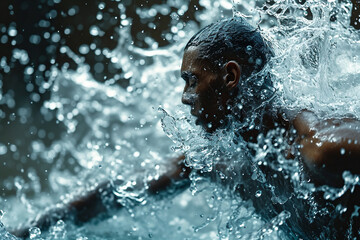 Fototapeta na wymiar Athletic male figure surrounded by splashes of water, concept of strength, freedom, energy, freshness.