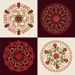 Valentines Day circular ornaments with hearts, red roses, spiral ribbons, text. Vintage style. For greeting card, wedding, engagement, event decoration.