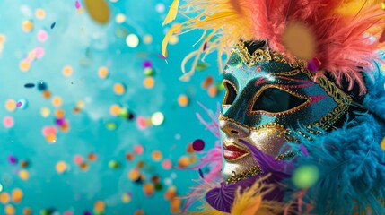 Exuberant Carnival Spirit.
Colourful feathered mask against a confetti-strewn turquoise backdrop.