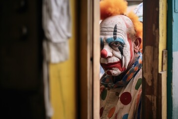 clown in a tattered costume lurking in a doorway