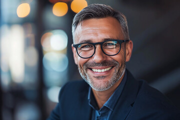 Fototapeta premium A Head shot Portrait of a Smiling 45-Year-Old Banker, a Happy Middle-Aged Business Man and Bank Manager. This Mid-Adult Professional, CEO, and Executive in His Office Exudes the Confidence