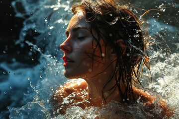 Athletic female figure surrounded by splashes of water, close up portrait, sunlight, concept of...