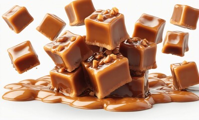 Caramel sauce or syrup splashes with toffee. 