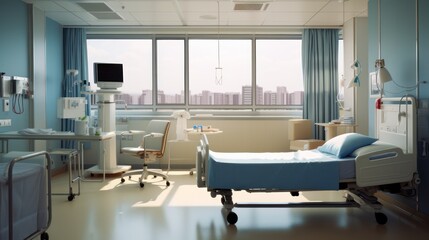Interior of a specialist doctor's examination clinic. With patient bed and medical equipment. - obrazy, fototapety, plakaty