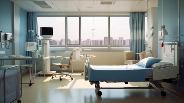 Interior of a specialist doctor's examination clinic. With patient bed and medical equipment.