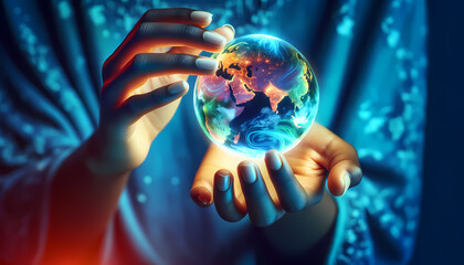 Main de femme Saisissant un Globe Terrestre idéal pour articles sur le climat, la terre, l’environnement, la technologie, l'écologie, l'espace, l'univers - obrazy, fototapety, plakaty