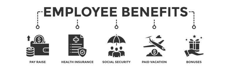 Employee benefits banner web icon vector illustration concept with icon of pay raise, health insurance, social security, paid vacation and bonuses