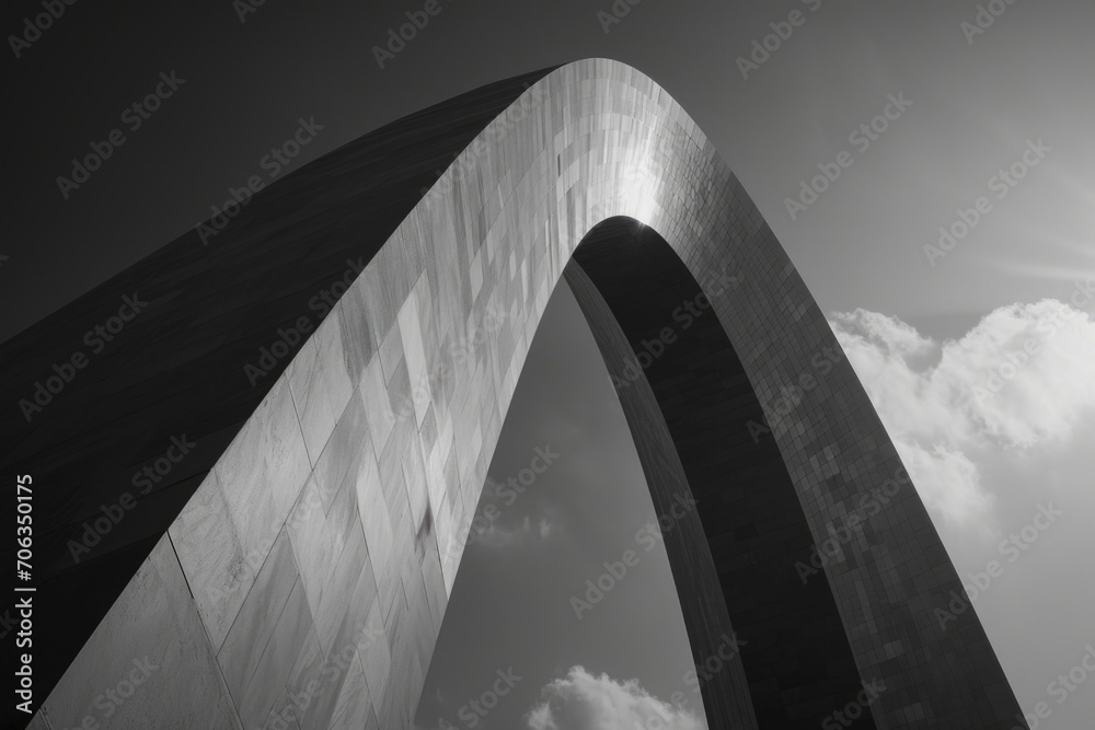 Poster a black and white photo of a large arch. suitable for architectural designs and historical reference