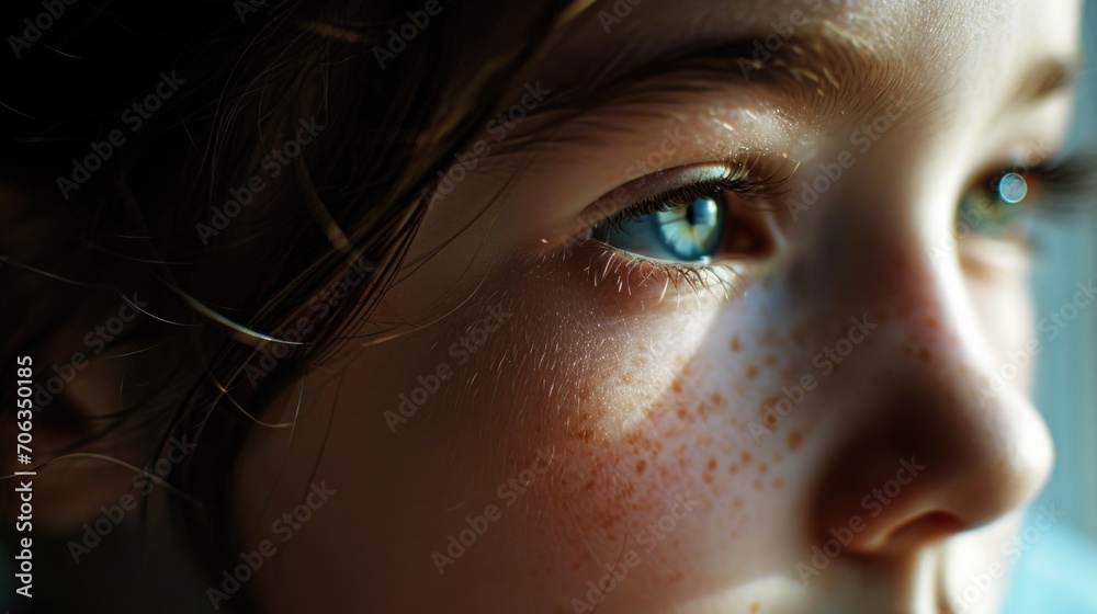 Poster A close-up of a child's face with freckles. Suitable for use in advertisements, magazines, and websites