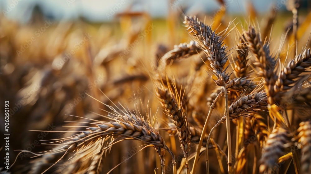 Poster a close-up view of a bunch of wheat in a field. this image can be used to depict agriculture, farmin