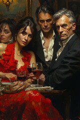 Paint a brooding 2:3 scene featuring a mafia family gathering, embracing the cinematic storytelling approach of crime epics