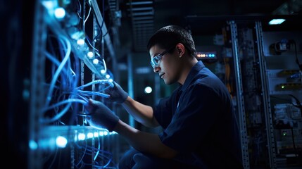 A technician is repairing a LAN cable in a data center rack