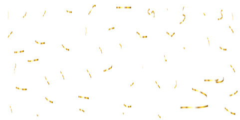 Luxury gold sparkle confetti glitter and zigzag ribbon falling down on transparent background.